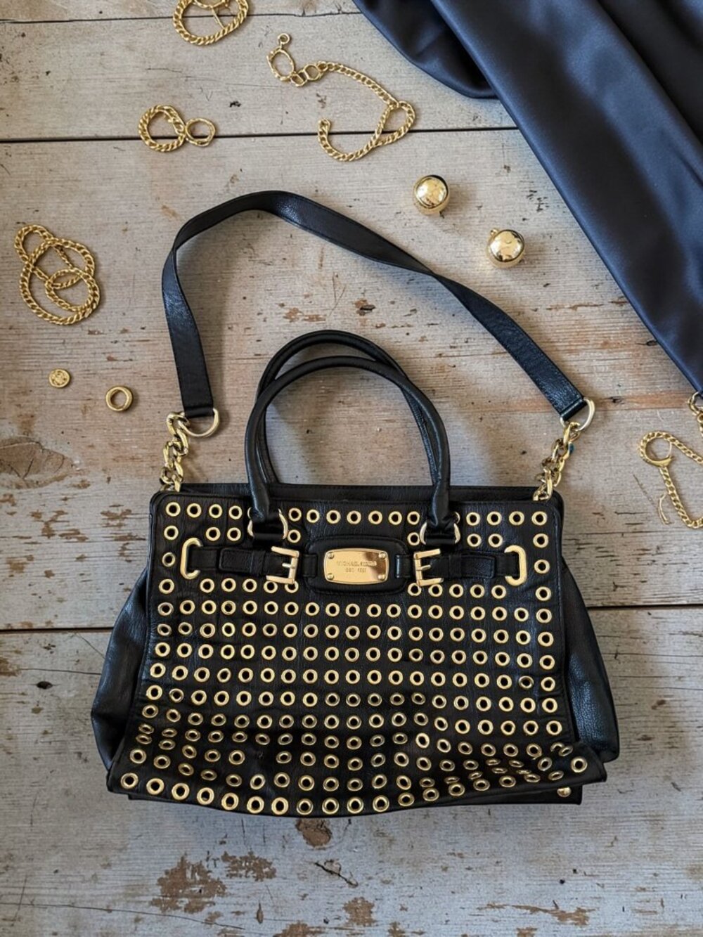 MICHAEL KORS Hamilton Black Gold Satchel Crossbody Bag